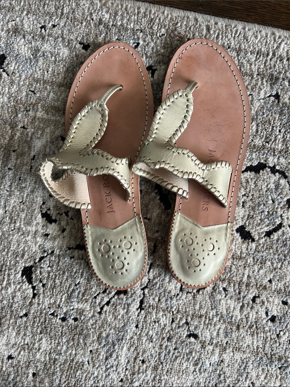 Jack Rogers platinum gold Leather Thong Sandals with Whipstitch Detail